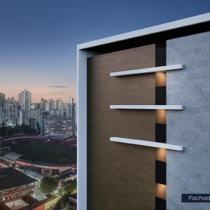 Fachada do Empresarial Cidade Jardim com vista para edifícios urbanos ao fundo.