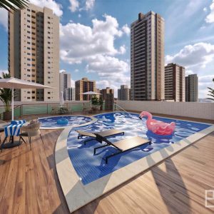 Piscina do Edifício Zafira cercada por espreguiçadeiras, mesas e plantas em vasos.